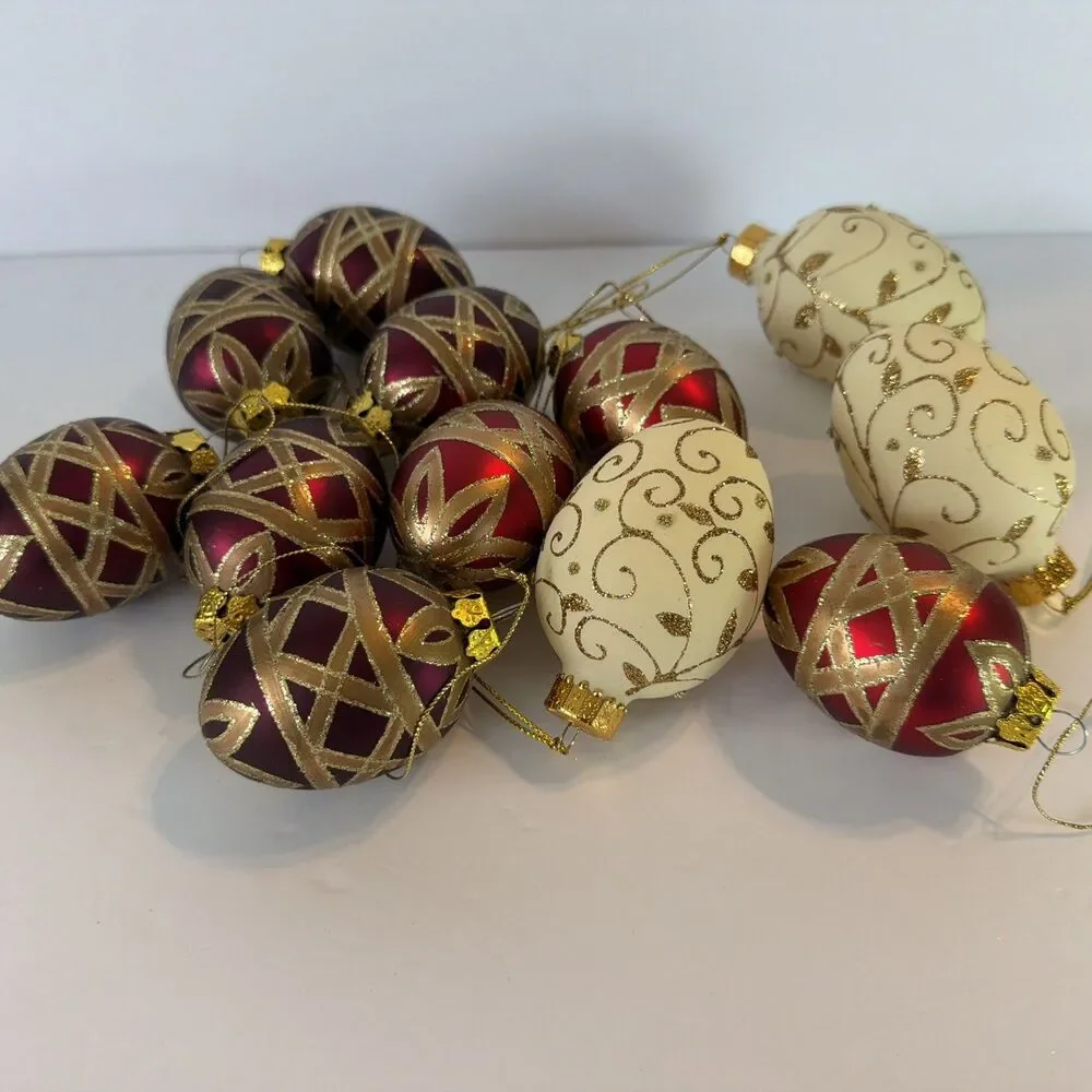 12 Shatterproof Egg Christmas Ornaments Burgundy White Gold Glittered Floral Lot